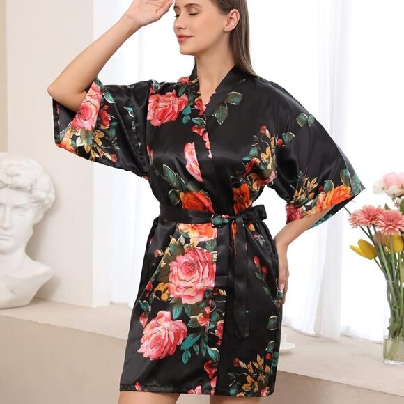 Peony Floral Silky Satin Robe Wedding Bridal Party Bride Bridesmaid Robes for Wo - Picture 2 of 6